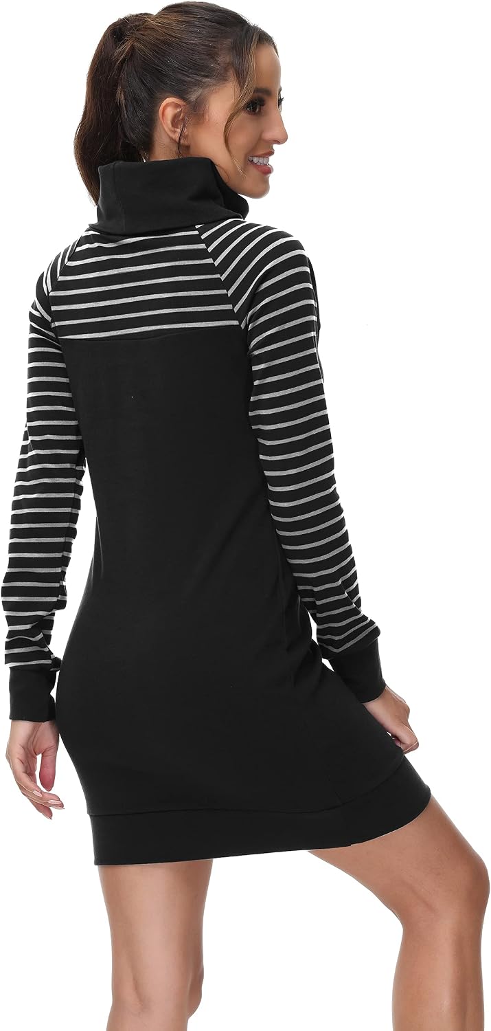 TrendiMax Damen Sweatshirt Langarm Hoodie Kleid Pulloverkleid Rollkragen Sweatkleid Kapuzenpulli Lan