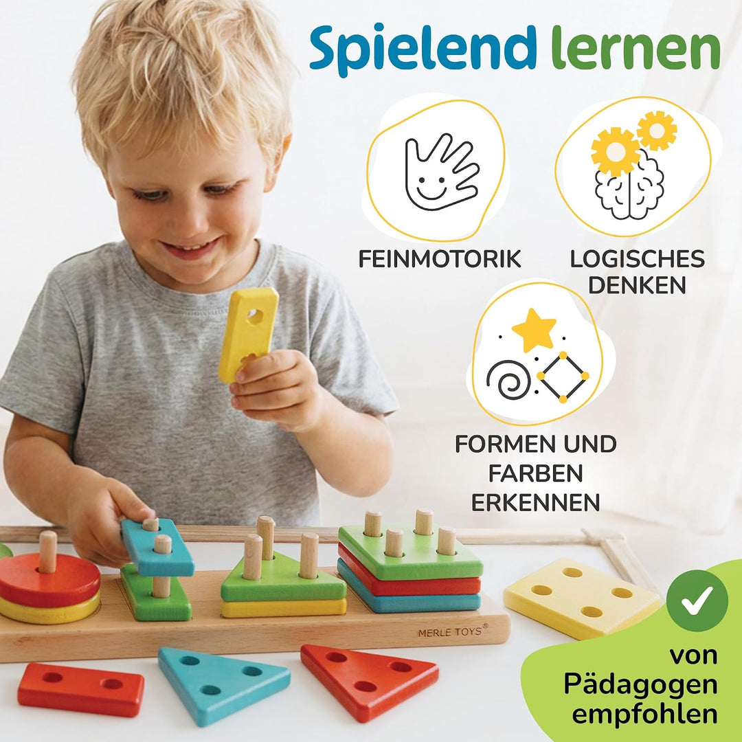 Steckspiel ab 1 Jahr, 4in1 Formen Sortierspiel ab 2 Jahre mit 16 Formen, Montessori Steckspiel Holz,