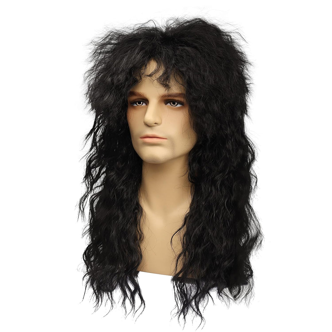 MEIRIYFA Herren 80er Jahre Perücke Lange Lockige Perücke Schwarz Rocker Punk Perücke Vokuhila Perück