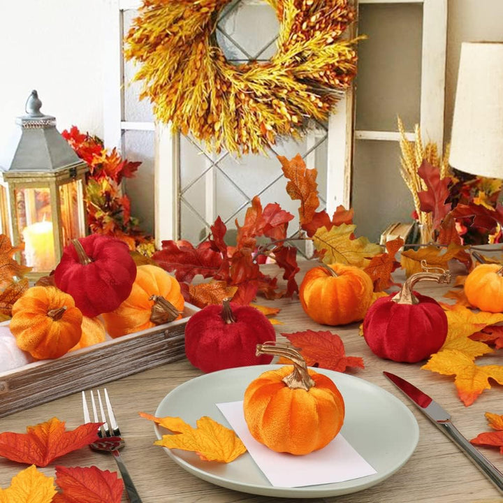 12PCS Herbst Deko, Halloween Kürbis set, Kürbisse , Samt Plastik mini mit 24 Pcs künstliche Ahornblä