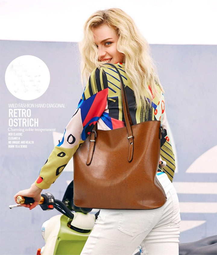 Damen Tote Shopper Tasche Schultertasche mit Schultergurt Umhängetasche Handtasche aus PU-Leder Brau