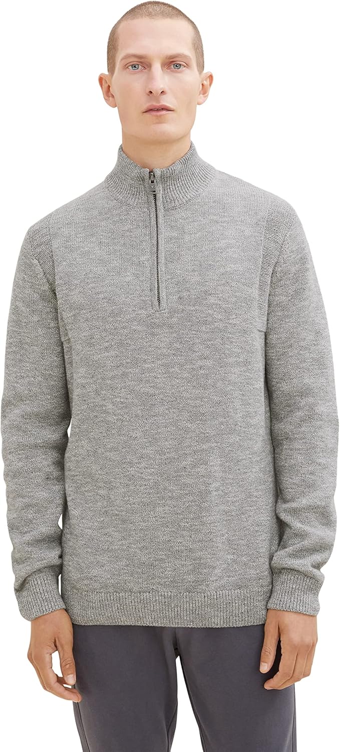 TOM TAILOR Herren Troyer Strickpullover in Melange-Optik M 31010 - Grey White Injected Melange, M 31