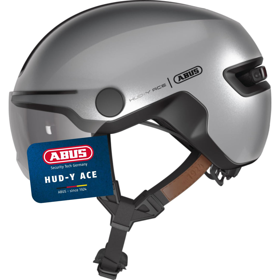 ABUS Stadthelm HUD-Y ACE - stylischer Fahrradhelm mit Visier und magnetischem, aufladbarem LED-Rückl