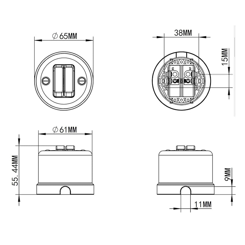 Aufputz Porzellan Retro Doppelschalter, Serienwechselschalter, All-in-One, Serie QR1 schwarz