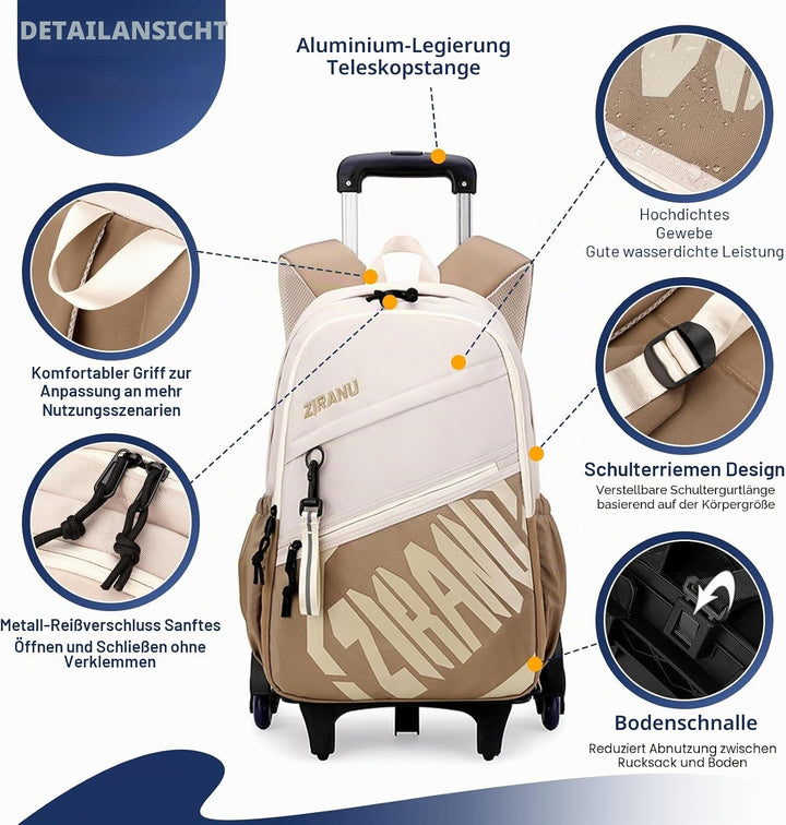 Schulrucksack Teenager Rucksack mit Rollen Kinder Schultasche Trolley Schulranzen mit Rollen Jungen