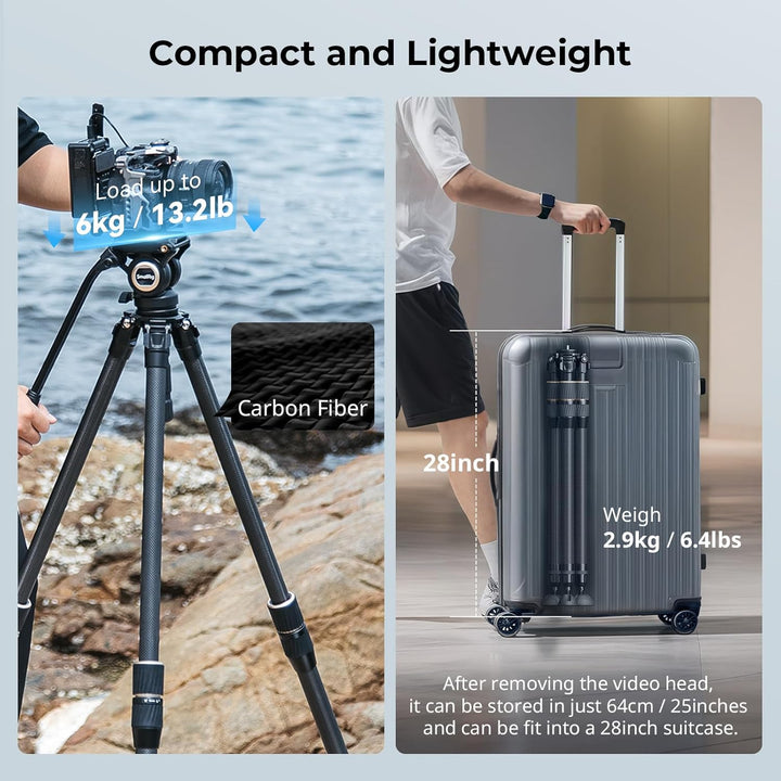 SMALLRIG FT-S303 FreeSpeed Stativ aus Kohlefaser, 59'' Reise-Videostativ mit Höhenverstellung durc