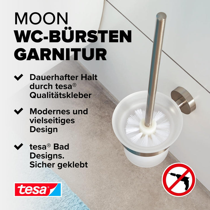 tesa Moon WC-Garnitur, satiniertes Glas und verchromter Edelstahl - Toilettenbürsten-Set zur Wandbef