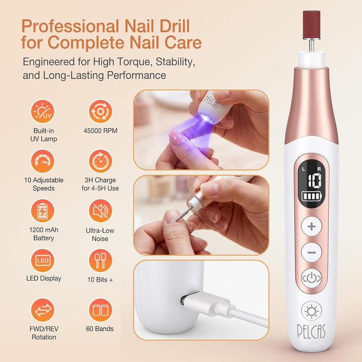 PELCAS Elektrische Nagelfräser 10 Geschwindigkeiten UV Licht Schnurloser Nagelbohrer Professionell N