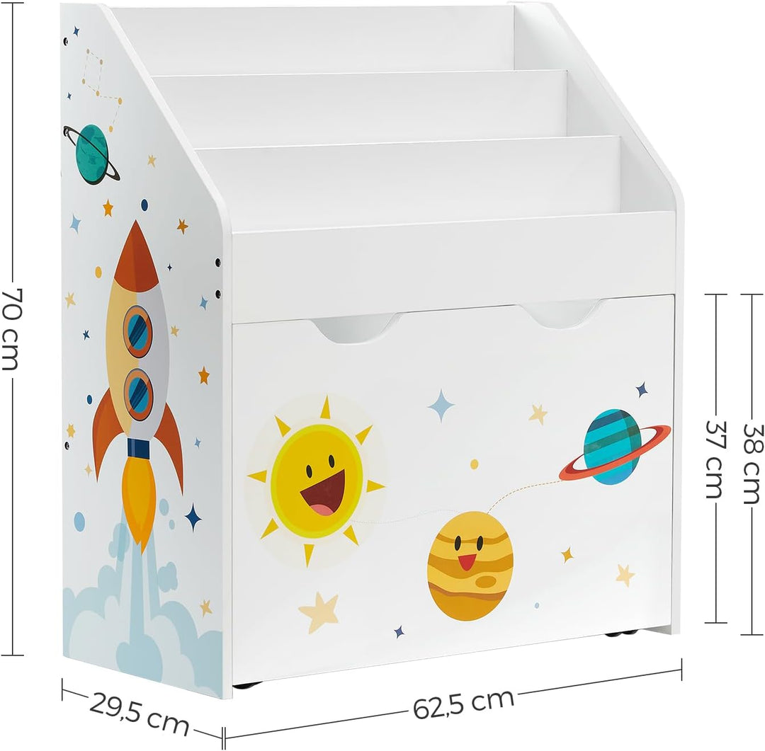 SONGMICS Spielzeugregal, Bücherregal für Kinder, Kinderzimmerregal mit 3 Fächern und herausziehbarer
