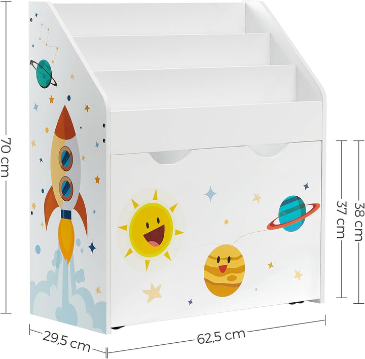 SONGMICS Spielzeugregal, Bücherregal für Kinder, Kinderzimmerregal mit 3 Fächern und herausziehbarer