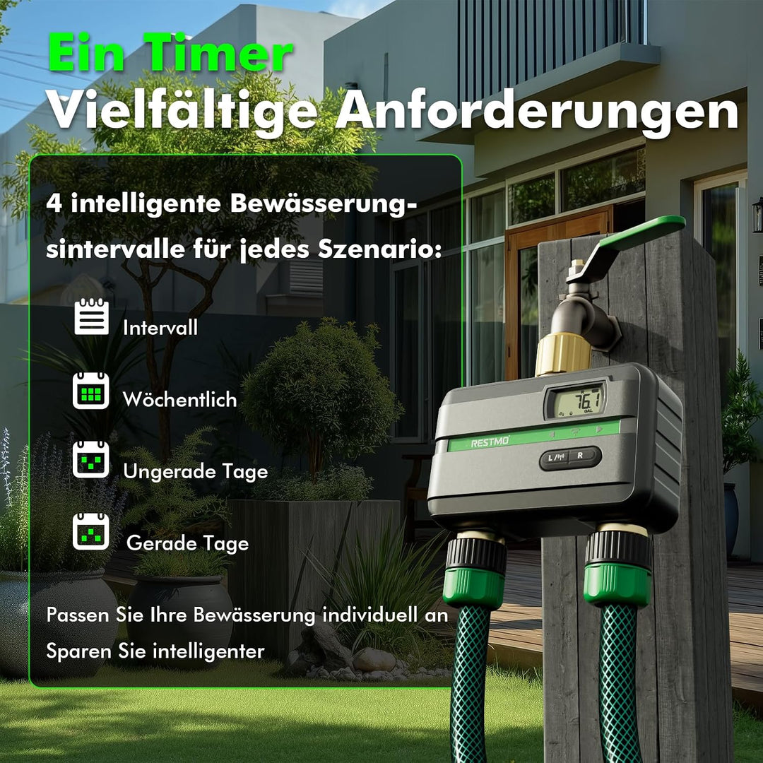 RESTMO 2 Zone Bewässerungscomputer mit Durchflussmesser, Bewässerungssteuerung für Garten &amp; Rasen, M