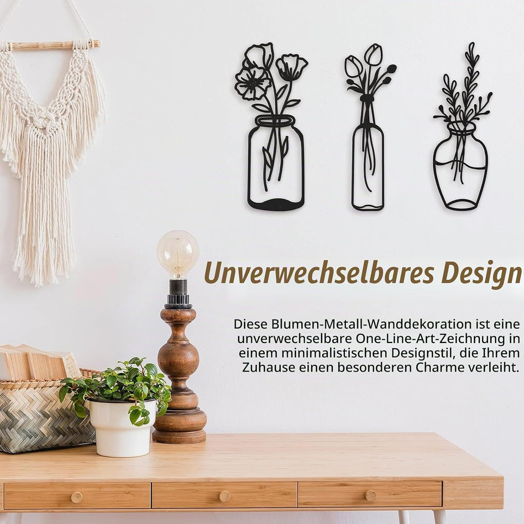 3 Stück Metall Blume Wanddekor Minimalistische Vase Wandkunst Schwarze Tulpe Draht Eisen Dekor Blume