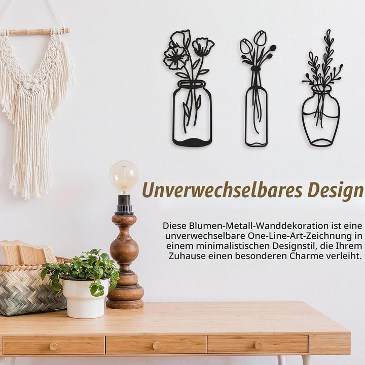 3 Stück Metall Blume Wanddekor Minimalistische Vase Wandkunst Schwarze Tulpe Draht Eisen Dekor Blume