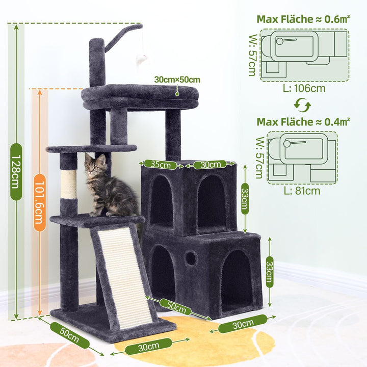 Globlazer Kratzbaum Stabil mit 2 Gross Basis, 2 Katzenhaus 90° Drehbares, Gepolsterte Plattform, Sis