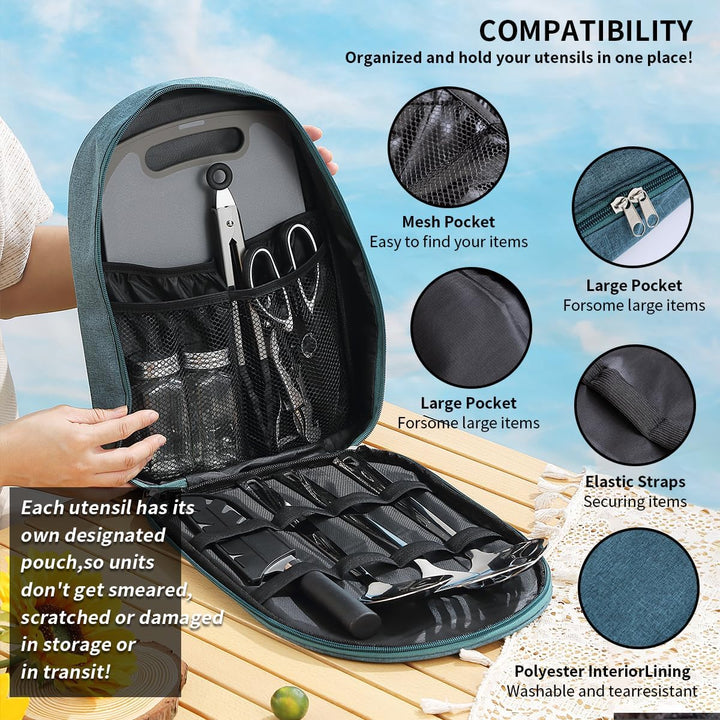 Evanda Camping Kochgeräte Set 10 Stück, Edelstahl Outdoor Kochen und Grillen Utensil Organizer Trave