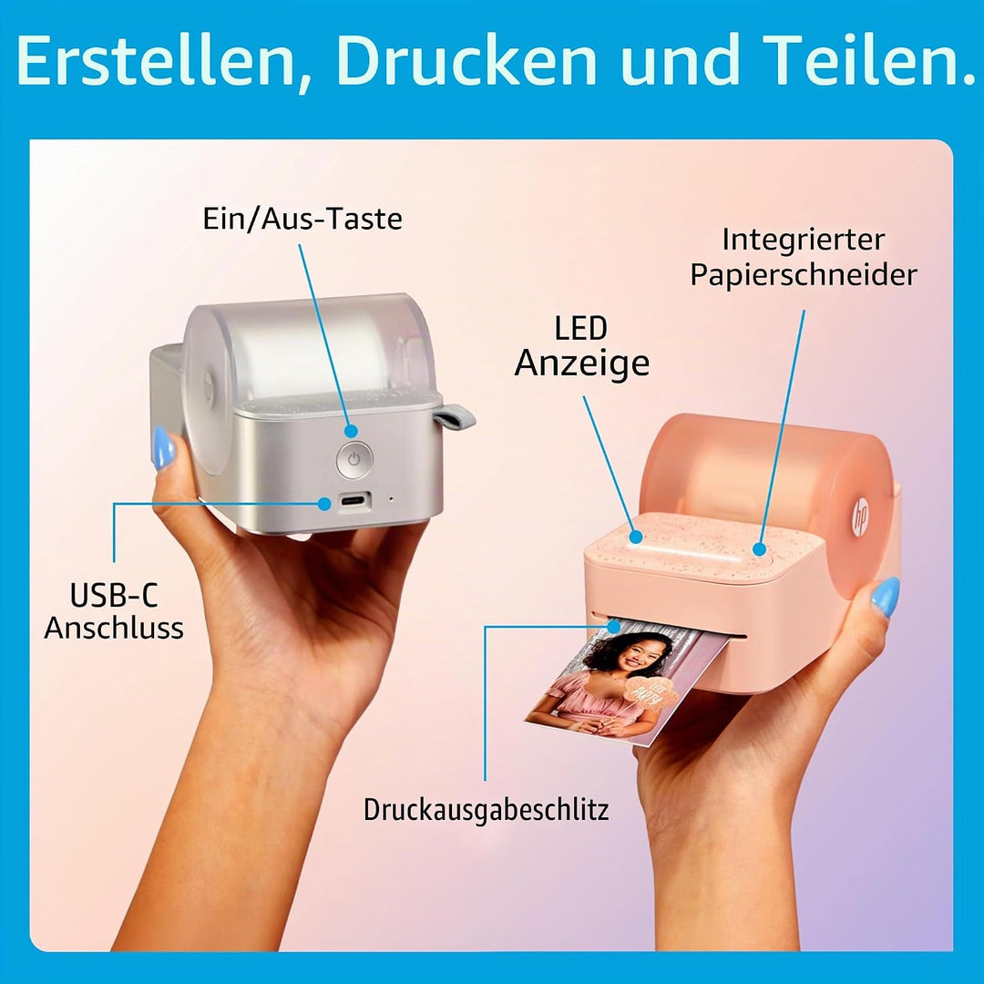 HP Sprocket Panorama Tragbarer Sofort-Farbetiketten- und Fotodrucker (Grau), Geschenkpaket mit Etui,