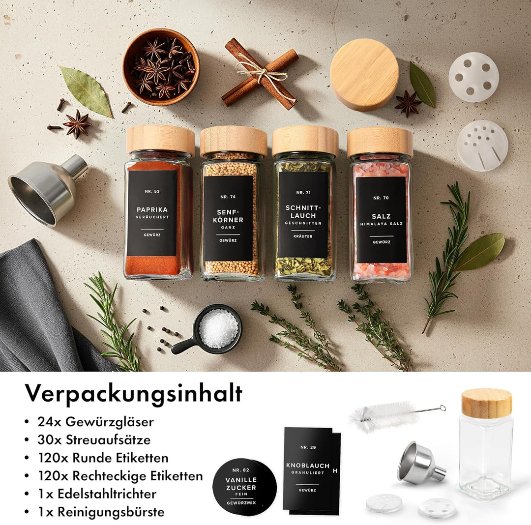EDELHAUS® Gewürzgläser Eckig mit Bambus Holzdeckel (24 Stück) Gewürzdosen mit Streueinsatz und 240 E
