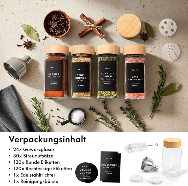 EDELHAUS® Gewürzgläser Eckig mit Bambus Holzdeckel (24 Stück) Gewürzdosen mit Streueinsatz und 240 E