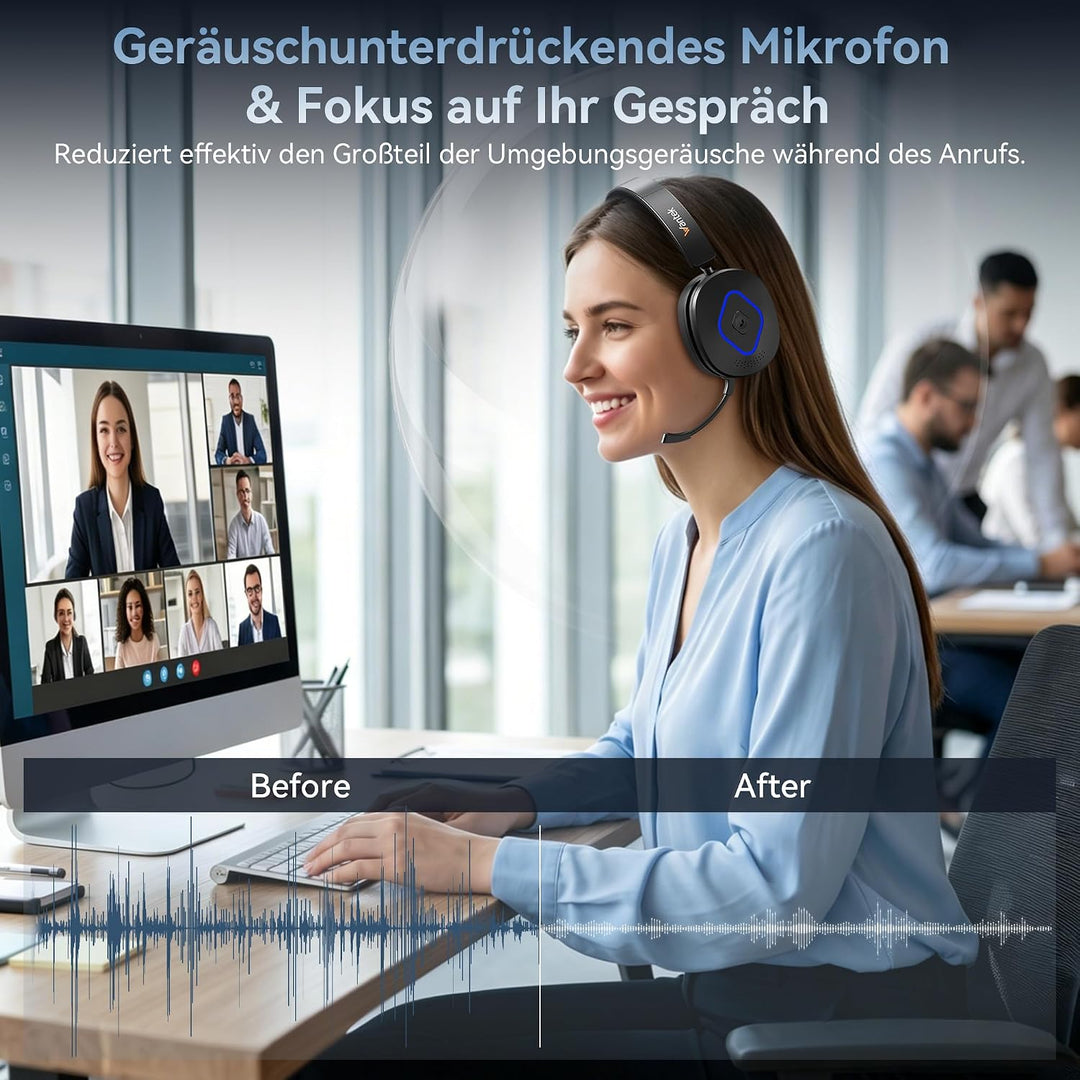 Wantek Bluetooth Headset mit Mikrofon &amp; USB Dongle, Akku 45h+, Wireless Headset PC mit Noise Cancell