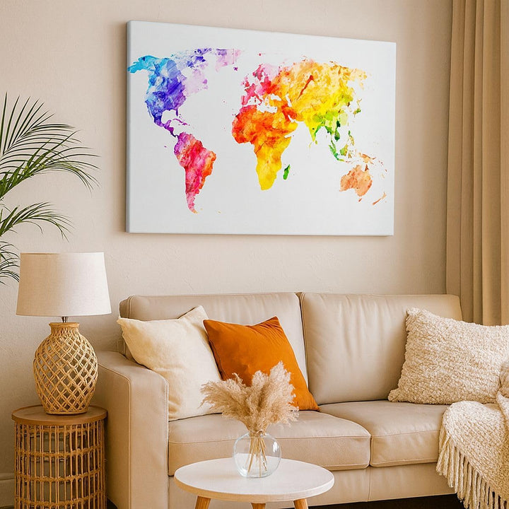 Bilder auf Leinwand 100x70cm Leinwandbild Welt Karte Bunt Kontinente Gross Wanddeko Bild Schlafzimme