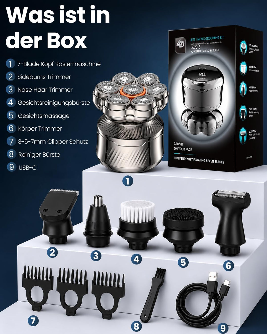 7D Glatzenrasierer Herren, 6 in 1 Elektrischer Kopfrasierer mit Magnetischem Scherkopf, Nass- &amp; Troc