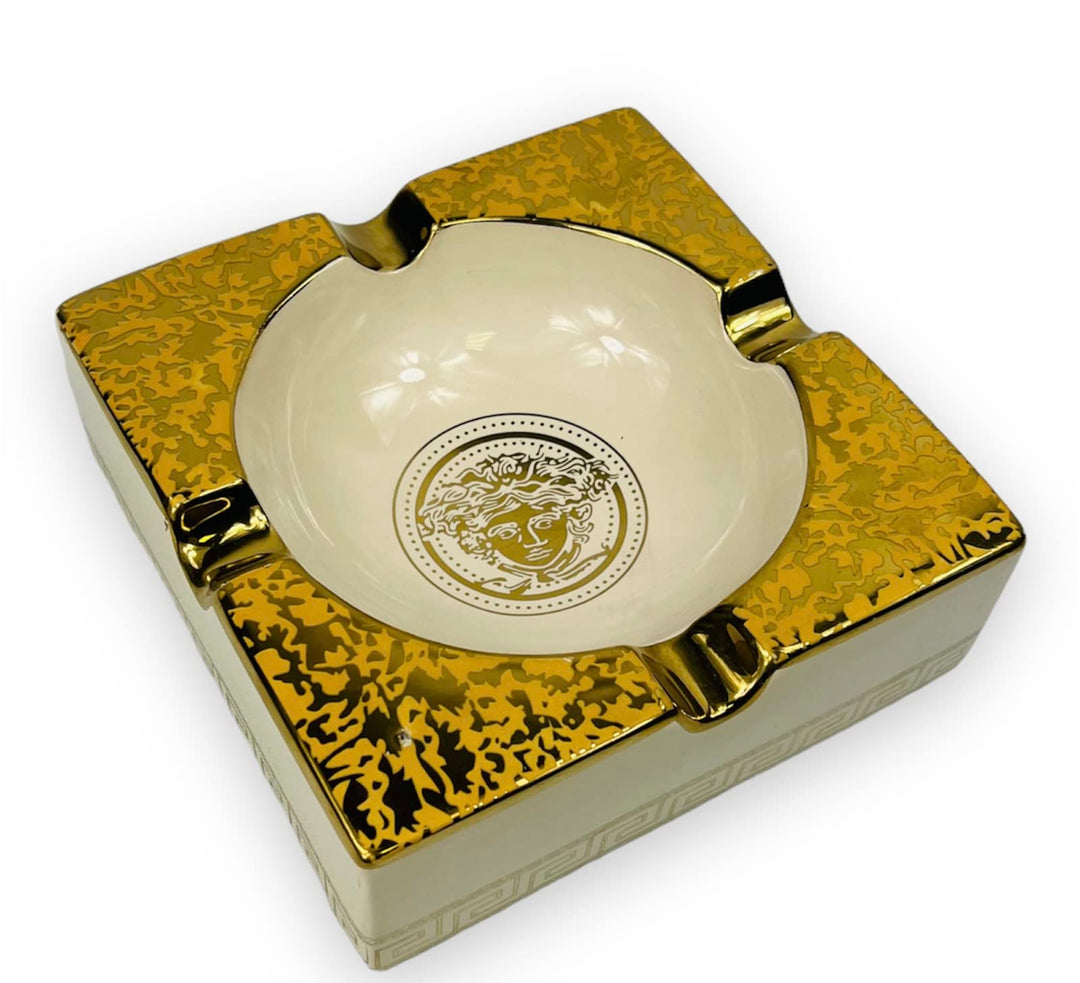 Luxus Porzellan-Aschenbecher, Mäander-Design, Weiss-Gold, Vintage-Stil
