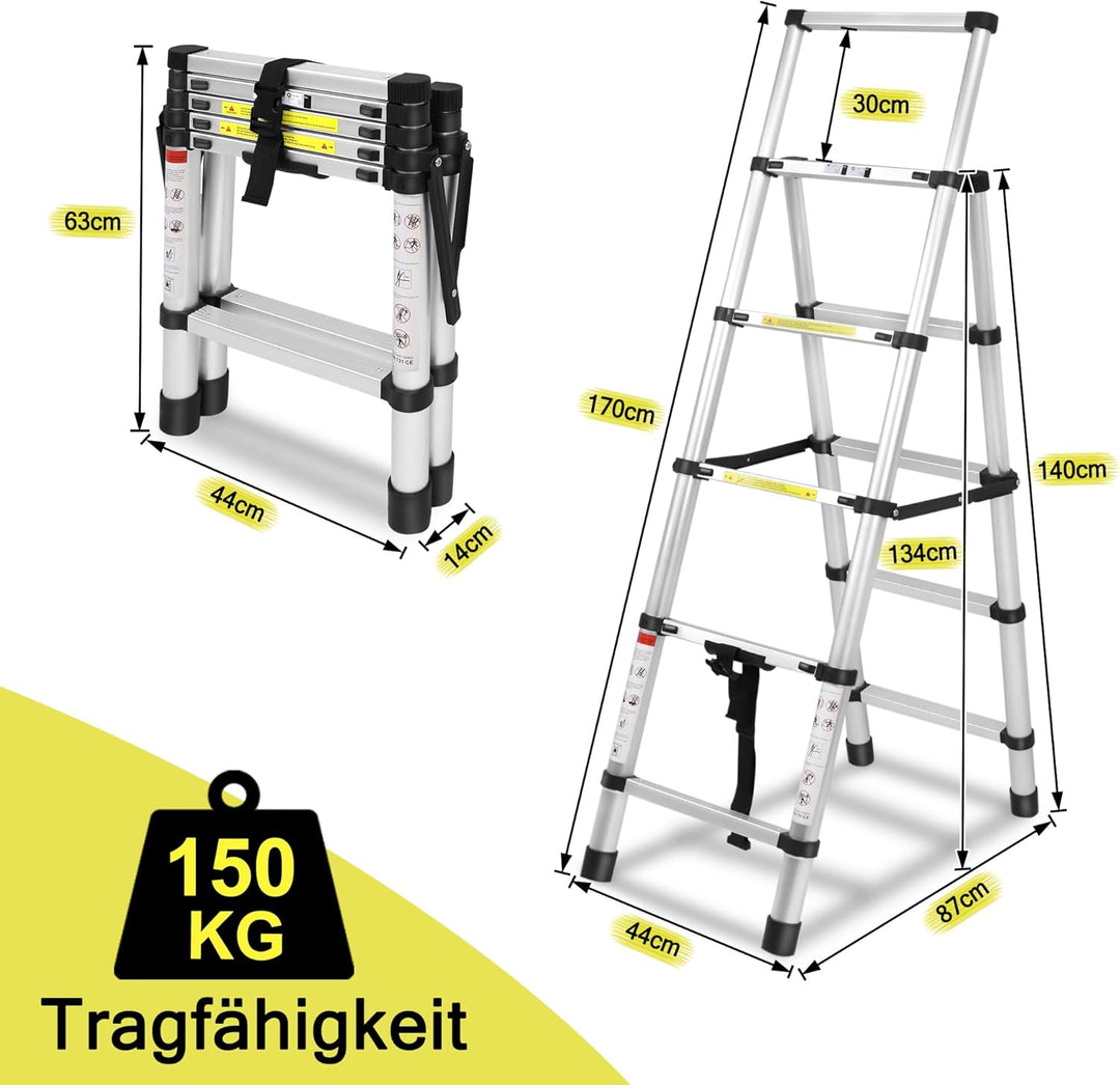 XMTECH 1.4m+1.7m Aluminium Teleskopleiter Klappleiter A-Rahmen 5 + 6 Stufen, Rutschfester Aluleiter