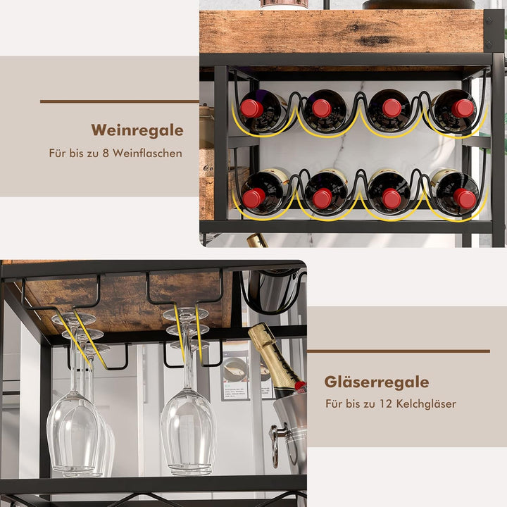 COSTWAY 3 Ebenen Servierwagen mit abnehmbarem Tablett, Küchenwagen mit 2 Reihen Glashalter und 8 Wei