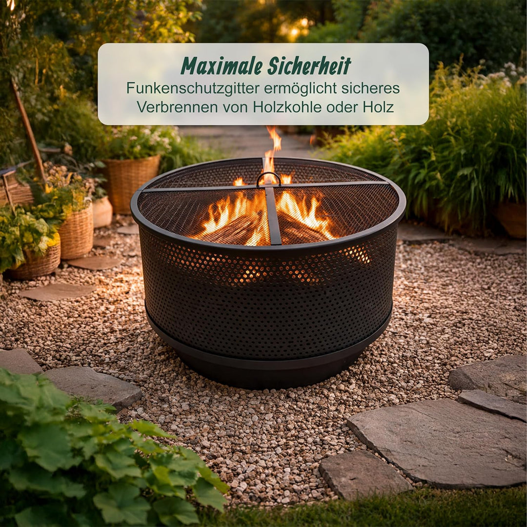 Relaxdays Feuerschale, Ø 61 cm, mit Grillrost, Funkenschutz &amp; Schürhaken, 3 in 1 Feuerstelle Garten,