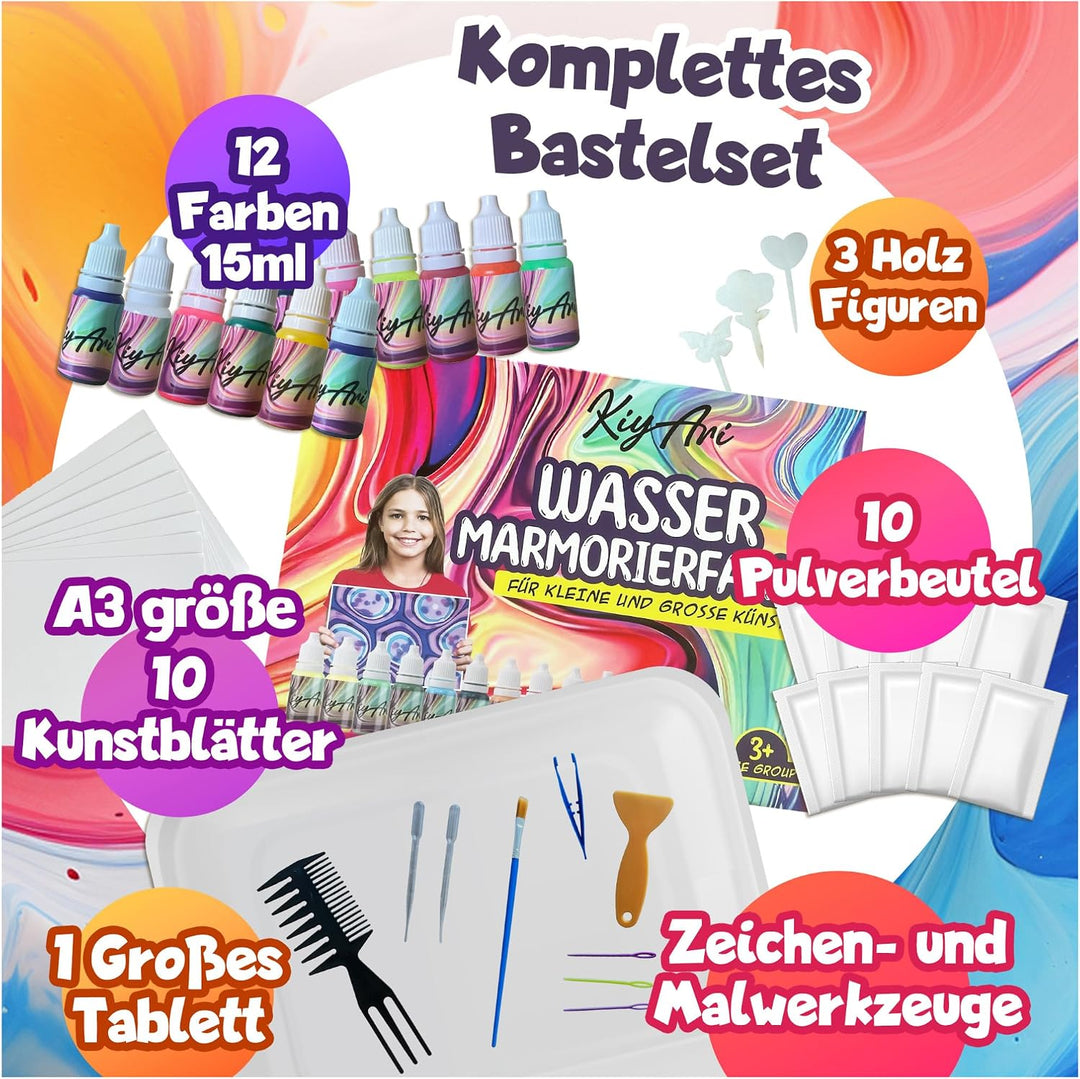 KIYARI Wassermarmorierfarben Set, Malset für Kinder mit 10 A3 Blättern | Wassermarmorierfarben Set,