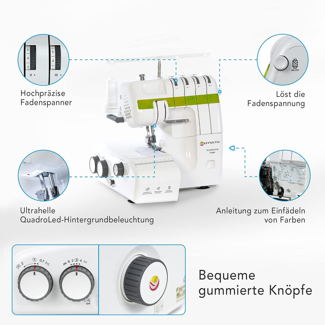Triumphator 1700X Overlocker, Overlock-Nähmaschine, 3/4 Faden mit Differential, Vollmetallgestell, 1