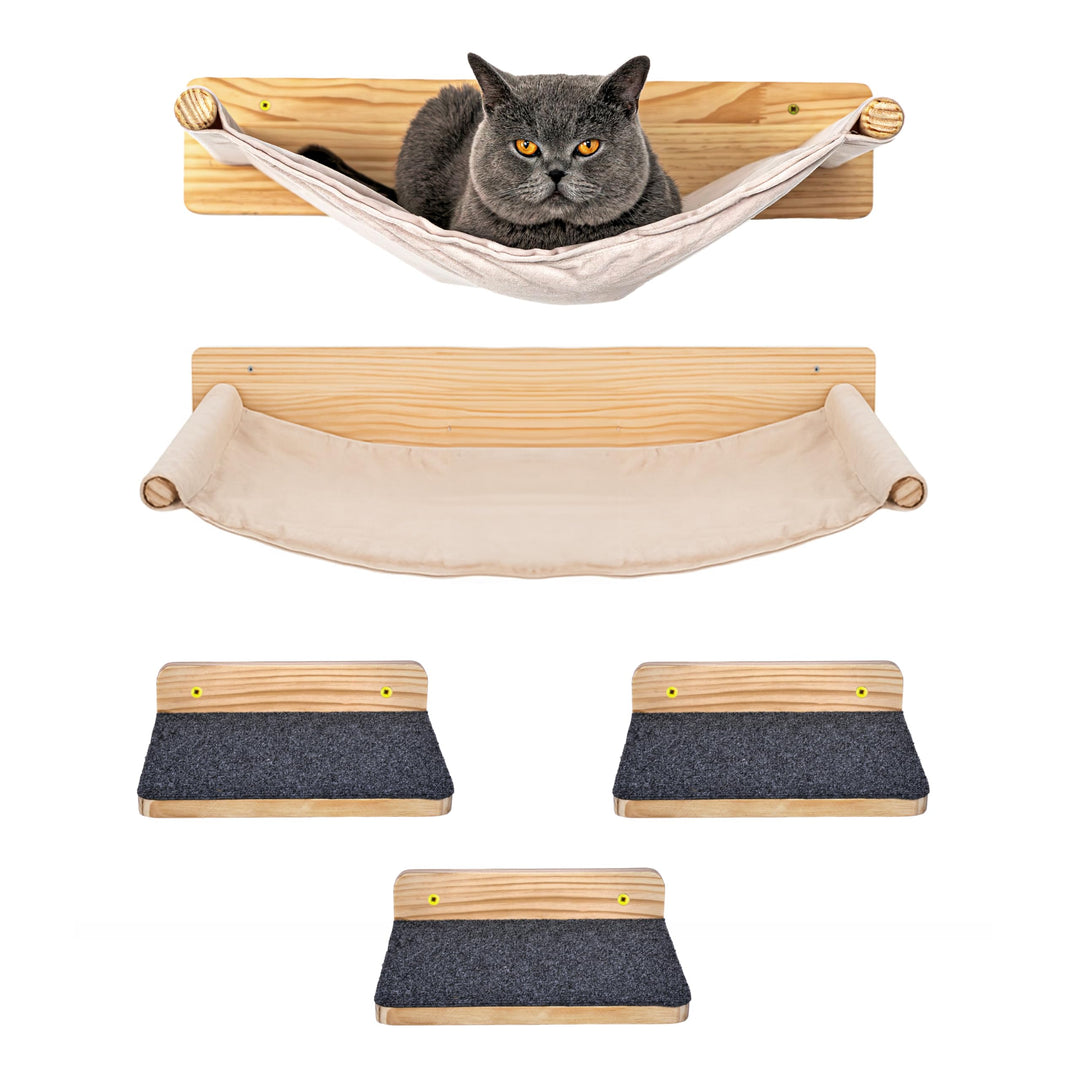 Katzen Wand-Hängematten Set – 2 Hängematten & 3 Plattformen aus Massivholz & Sisal Modularer Katzen