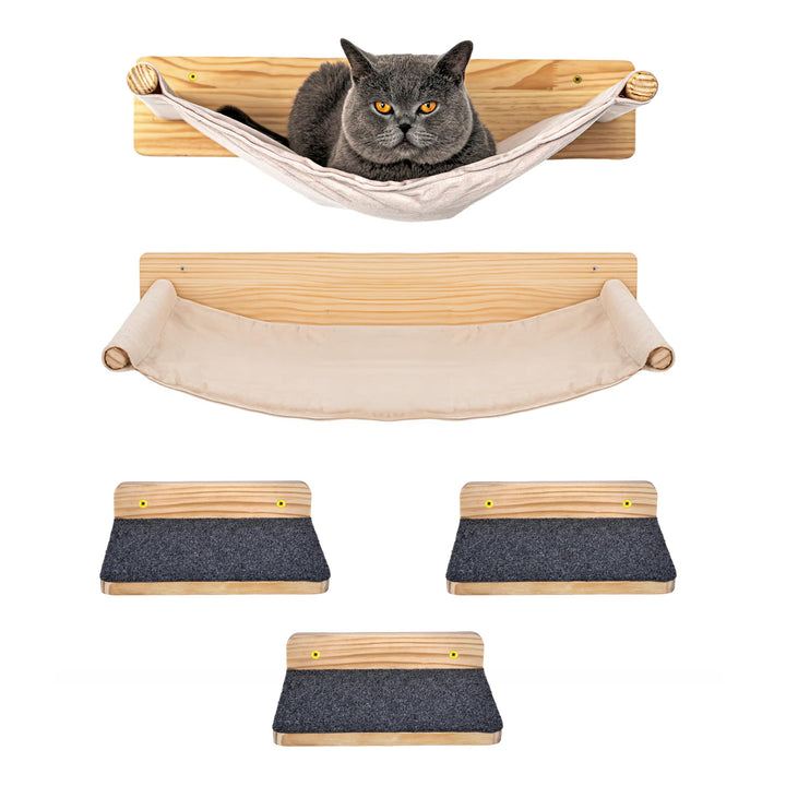 Katzen Wand-Hängematten Set – 2 Hängematten & 3 Plattformen aus Massivholz & Sisal Modularer Katzen