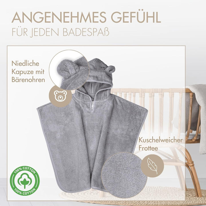 MOYO Baby Badeponcho Mit Bärenohren in Grau - Kapuzenhandtuch für 0-3 Jahre Aus 100% Frottee-Baumwol