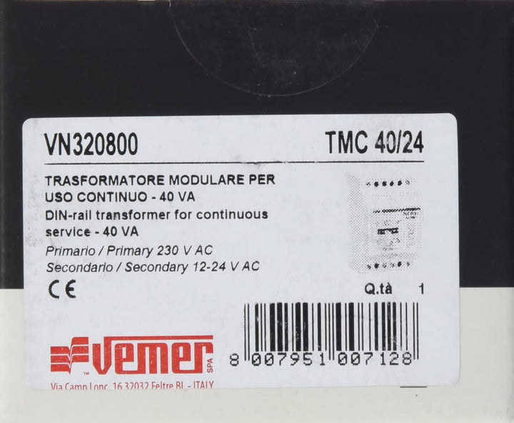 VEMER VN320800 TMC 40/24 - Trafo für Hutschienen mit Primärspannung 230V, Sekundärspannung 12-24V un