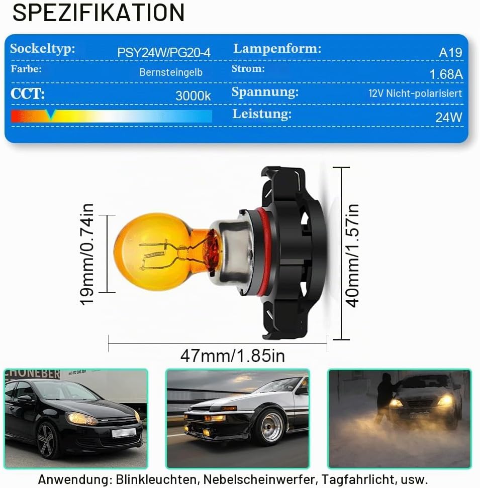 SOFOC PSY24W Birne 12V Blinker Vorne Amber Gelb Nebelscheinwerfer Ersatz Halogenbirne 24W 2Stk Gelb