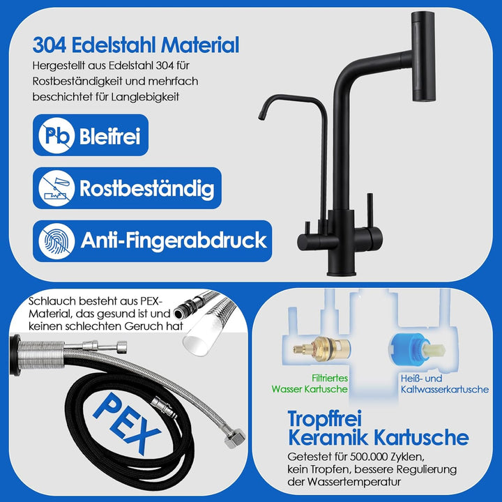 ROVOGO Edelstahl Wasserhahn Küche 3 Wege mit 4 Strahlarten Brause Ausziehbar, Hochdruck Küchenarmatu