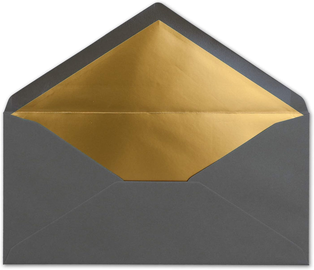 100 Brief-Umschläge DIN Lang - Anthrazit-Grau mit Gold-Metallic Innen-Futter - 110 x 220 mm - Nasskl