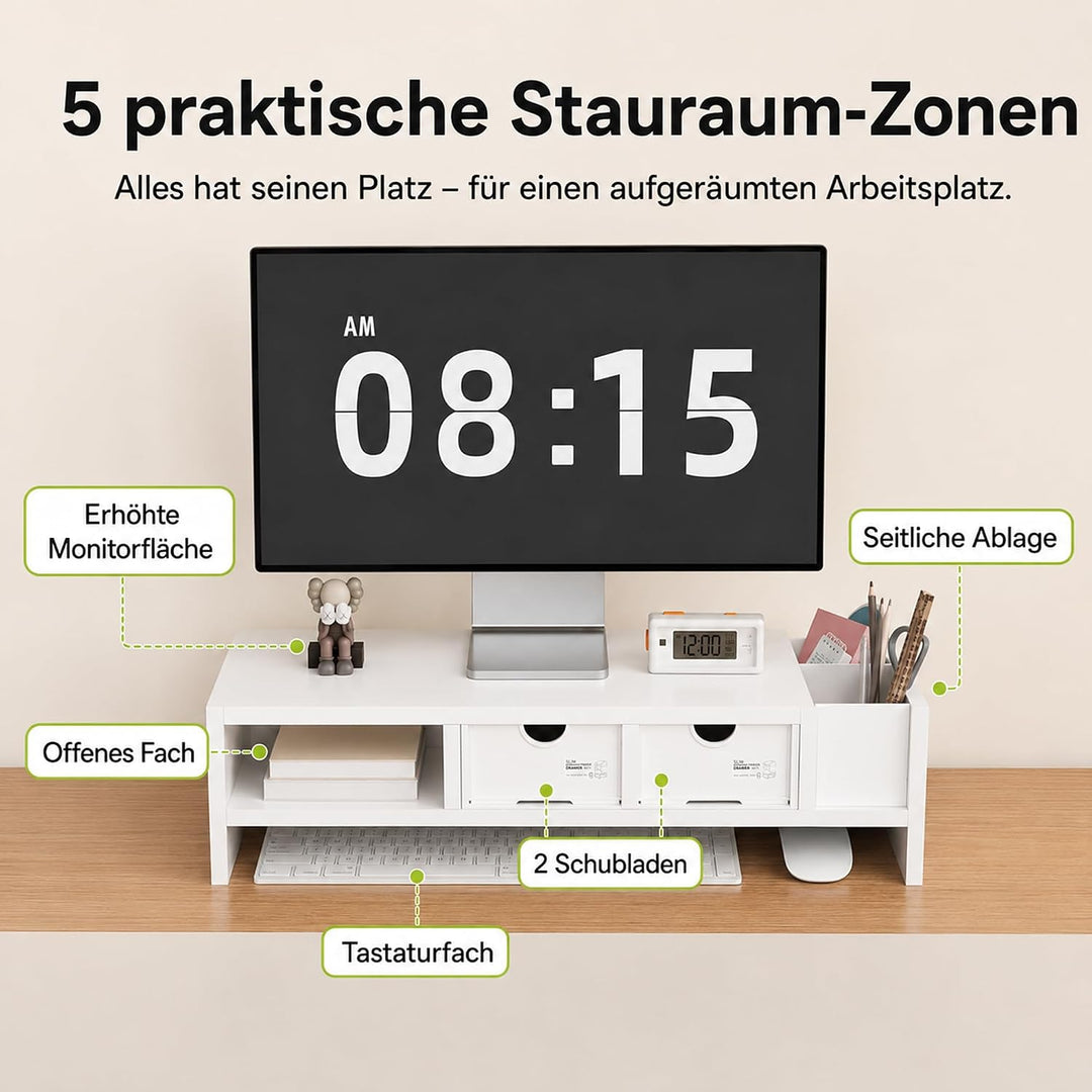 Monitorständer mit Stauraum , 50x19,5x13,5 cm Bildschirmständer mit 2 Schubladen &amp; Stiftehalter, 2-S