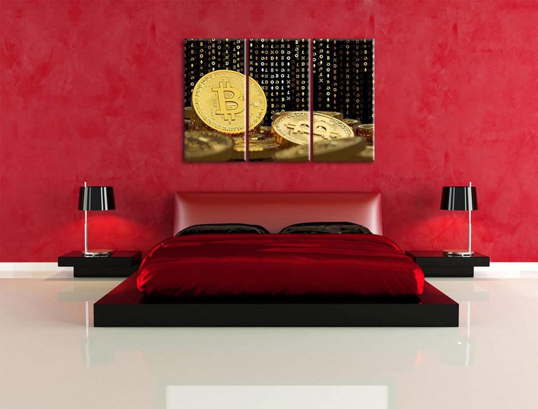 Bitcoin BTC Kryptowährung als Leinwandbild 3 teilig | Grösse: 120x80 cm | Wandbild | Kunstdruck | fe