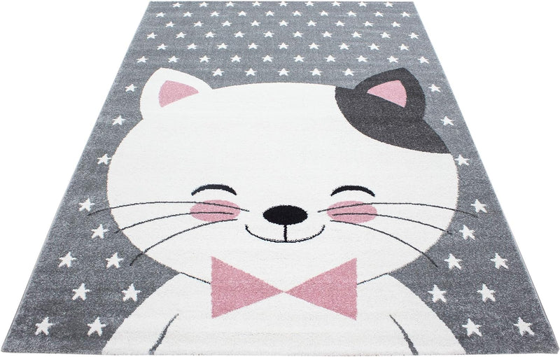 HomebyHome Kinderteppich Kurzflor Katze Lächeln Design Kinderzimmer Babyzimmer Spielzimmer 11 mm Flo