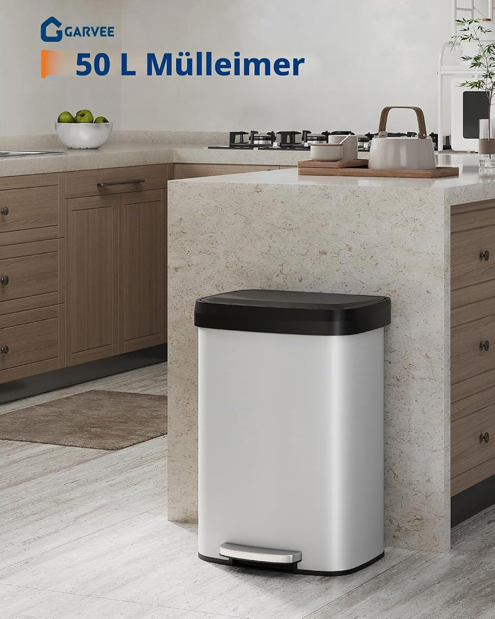 GarveeHome 50L Metall Mülleimer mit Deckel, grosser Tretmülleimer, Mülleimer Küche, rostfrei, mit Be