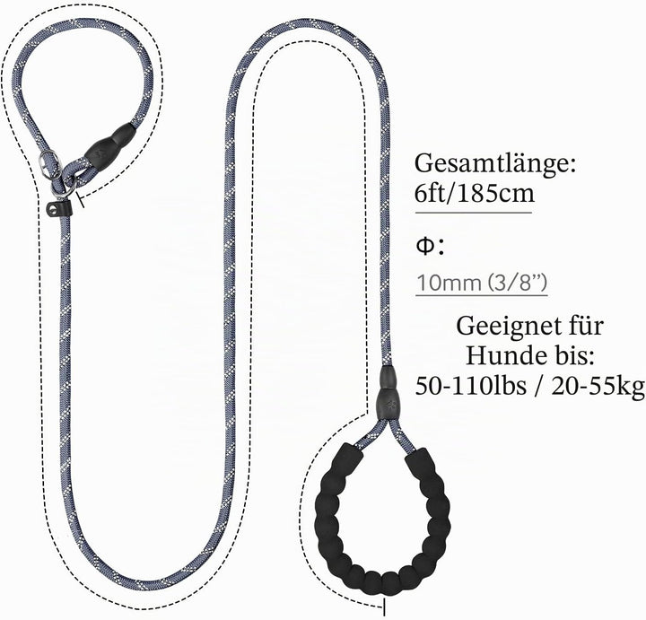 TagME Retrieverleine mit Zugstopp,Reflektierende Seilleine 185 cm Moxonleine,Weicher gepolsterter Gr