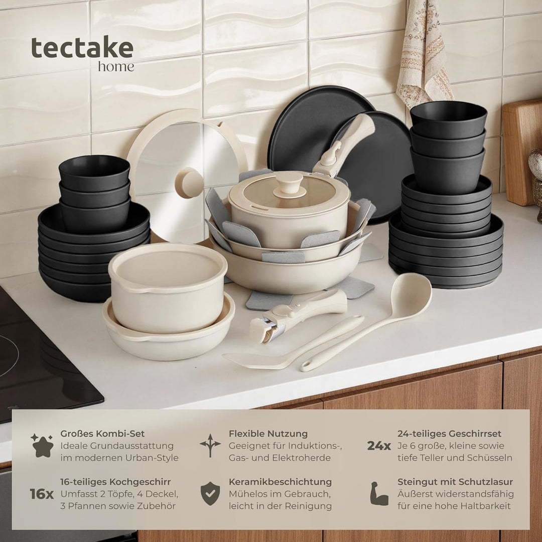 tectake® Küchenstarterset 6 Personen, Steingut Geschirr Set, Teller, 3 Pfannen, 2 Töpfe, rostfreies