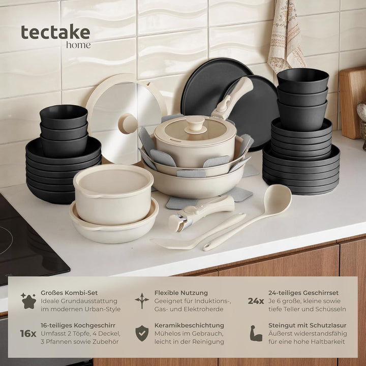 tectake® Küchenstarterset 6 Personen, Steingut Geschirr Set, Teller, 3 Pfannen, 2 Töpfe, rostfreies