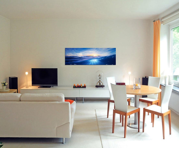 Paul Sinus Art Panoramabild auf Leinwand und Keilrahmen 150x50cm Meer Unterwasser Welle Sonnenunterg
