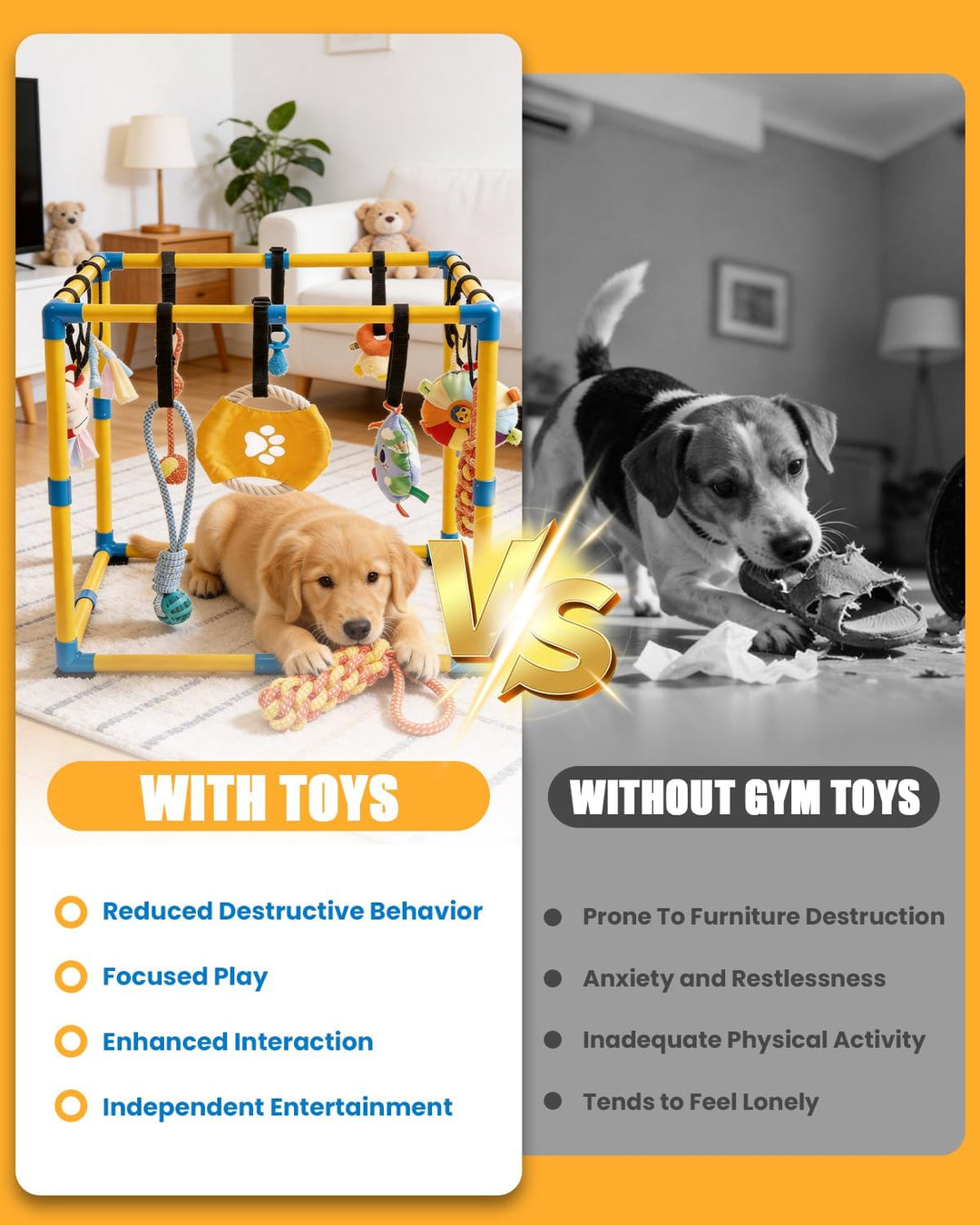 Welpen Spielgym für Kleine Hunde, 60 x 60 cm mit 12 Hängespielzeugen | Indoor Hundespielplatz mit An