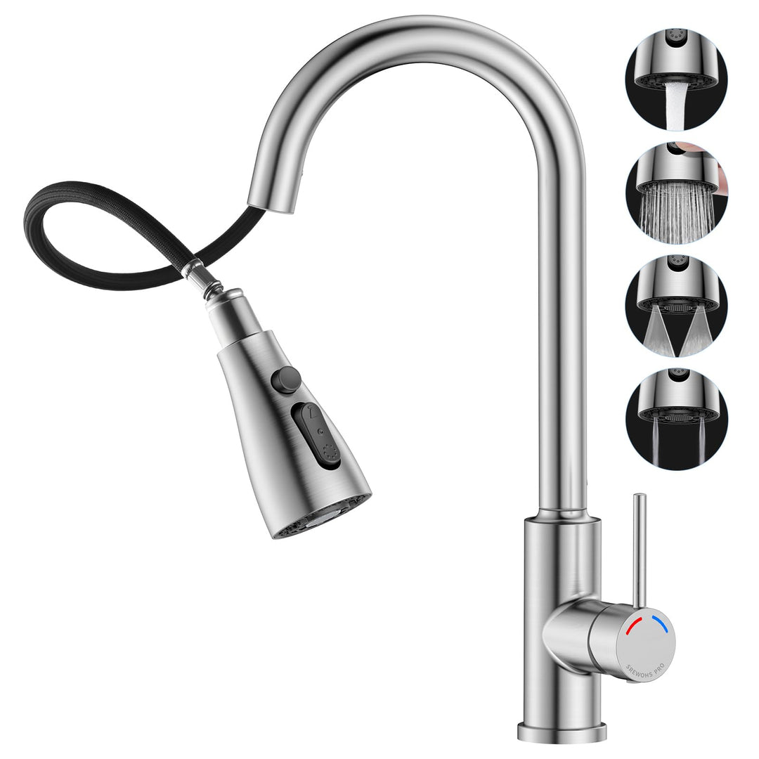 Wasserhahn Mischbatterie Küche mit Ausziehbar Brause, SREWOHS PRO 4 Sprühfunktionen Hochdruck Spülti