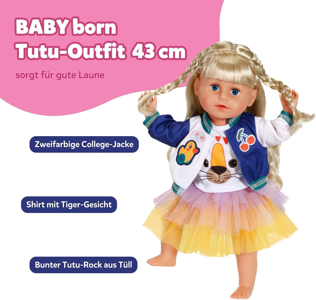 BABY Born Tutu-Outfit - Mit Buntem Tutu-Rock, T-Shirt &amp; Jacke im College-Stil - Hochwertiges Puppenz