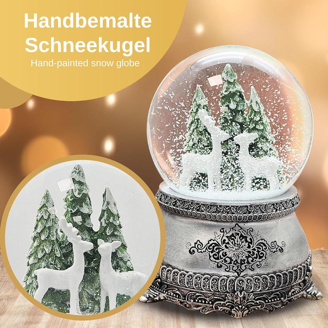 Schneekugel Hüttenzauber 2 weisse Rehe vor Tannenbaum | Sockel Zinnoptik Ornamente | mit Spieluhr |